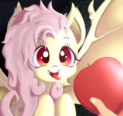 Size: 1300x1220 | Tagged: safe, artist:frankier77, imported from derpibooru, fluttershy, bat pony, human, pony, apple, cute, flutterbat, hand, race swap, shyabates, shyabetes