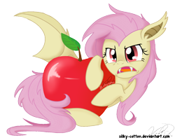 Size: 1000x800 | Tagged: safe, artist:silky-cotton, imported from derpibooru, fluttershy, bat pony, pony, bats!, apple, female, flutterbat, race swap, solo