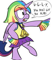 Size: 600x700 | Tagged: dead source, safe, artist:karpet-shark, imported from derpibooru, twilight sparkle, alicorn, pony, twily-daily, rainbow falls, bipedal, cheerleader, cheerleader sparkle, daphne and celeste, female, mare, skirt, solo, song reference, twilight sparkle (alicorn), u.g.l.y.