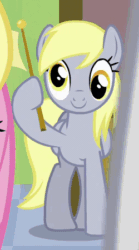 Size: 250x450 | Tagged: safe, imported from derpibooru, screencap, derpy hooves, fluttershy, pegasus, pony, rainbow falls, animated, c:, cute, derpabetes, female, flag, frown, gritted teeth, holding a flag, hoof hold, looking at you, looking down, mare, ponyville flag, smiling, spread wings, surprised, the grey one's glorious return, waving, wide eyes