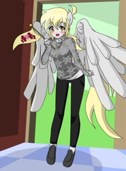 Size: 1005x1357 | Tagged: safe, artist:thegreatrouge, imported from derpibooru, derpy hooves, human, rainbow falls, anime, cute, eared humanization, female, humanized, moe, pony coloring, scene interpretation, solo, tailed humanization, the grey one's glorious return, winged humanization