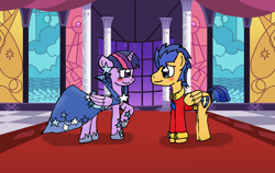 Size: 1500x946 | Tagged: safe, artist:jrapcdaikari, imported from derpibooru, flash sentry, twilight sparkle, alicorn, pony, clothes, dress, female, flashlight, gala dress, grand galloping gala, mare, officer uniform, royal guard, shipping, twilight sparkle (alicorn), uniform