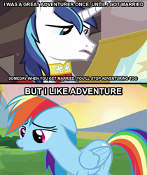 Size: 624x743 | Tagged: safe, imported from derpibooru, rainbow dash, shining armor, adventurer, arrow in the knee (meme), arrow to the knee, marriage, meme, sad