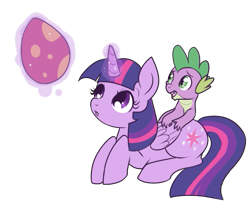 Size: 555x463 | Tagged: safe, artist:lulubell, imported from derpibooru, spike, twilight sparkle, oc, oc:xiá, alicorn, pony, egg, female, magic, mare, simple background, transparent background, twilight sparkle (alicorn)