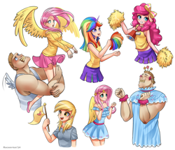 Size: 1600x1377 | Tagged: safe, artist:racoonsan, imported from derpibooru, bulk biceps, derpy hooves, fluttershy, pinkie pie, roid rage, twilight sparkle, human, rainbow falls, breasts, busty fluttershy, cheerleader, cheerleader sparkle, clothes, dress, female, horned humanization, humanized, implied flutterbulk, implied shipping, lifted up, lifting, light skin, scene interpretation, shipping fuel, sketch dump, skirt, sweater, sweatershy, t-shirt, tanktop, winged humanization