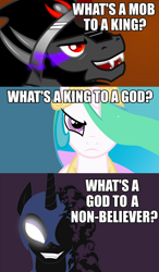 Size: 996x1700 | Tagged: safe, imported from derpibooru, king sombra, nightmare moon, princess celestia, frank ocean, image macro, jay-z, kanye west, lyrics, no church in the wild, song reference, tyrant