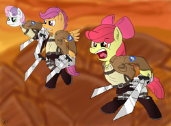 Size: 2566x1900 | Tagged: safe, artist:mariokid97, imported from derpibooru, apple bloom, scootaloo, sweetie belle, attack on titan, cutie mark crusaders