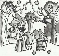 Size: 2550x2404 | Tagged: safe, artist:misamisa25, imported from derpibooru, applejack, female, lined paper, monochrome, orchard, solo, traditional art, tree