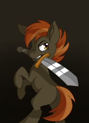 Size: 1300x1800 | Tagged: safe, artist:whitepone, imported from derpibooru, button mash, earth pony, pony, blank flank, colt, foal, gradient background, hat, hooves, male, mouth hold, propeller hat, solo, sword, teeth