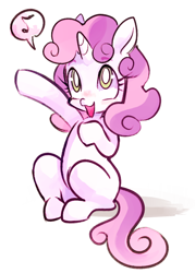 Size: 600x840 | Tagged: dead source, safe, artist:ghostier, imported from derpibooru, sweetie belle, pony, unicorn, blank flank, cute, diasweetes, female, filly, music notes, open mouth, pictogram, simple background, sitting, solo, speech bubble, white background