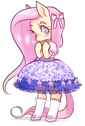 Size: 500x745 | Tagged: dead source, safe, artist:ghostier, imported from derpibooru, fluttershy, pegasus, pony, semi-anthro, bipedal, bow, choker, clothes, cute, dress, female, hair bow, lolita fashion, shoes, shyabetes, socks, solo