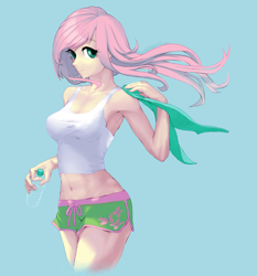 Size: 1306x1403 | Tagged: safe, artist:uher0, imported from derpibooru, fluttershy, human, equestria girls, anime style, armpits, belly button, bottle, clothes, female, humanized, light skin, midriff, shorts, smiling, solo, tanktop, water bottle, windswept mane