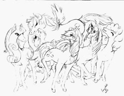 Size: 1024x796 | Tagged: safe, artist:luna-chichi, imported from derpibooru, applejack, fluttershy, pinkie pie, rainbow dash, rarity, twilight sparkle, mane six, monochrome, traditional art