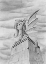 Size: 1818x2490 | Tagged: safe, artist:abyssalemissary, imported from derpibooru, fluttershy, gargoyle, female, monochrome, solo, traditional art