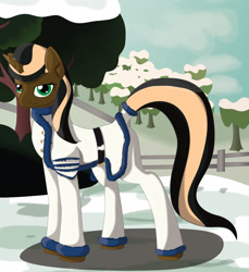 Size: 1907x2082 | Tagged: safe, artist:kashin, imported from derpibooru, oc, oc only, pony, unicorn, fallout equestria, bordertown, butter cup, clothes, coat, menti, snow, solo, tree, vector, winter