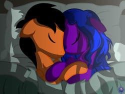 Size: 4000x3000 | Tagged: safe, artist:template93, imported from derpibooru, oc, oc only, pegasus, pony, unicorn, bed, commission, cute, night, sleeping, snuggling