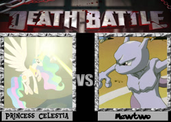 Size: 1008x720 | Tagged: safe, imported from derpibooru, princess celestia, mewtwo, crossover, death battle, exploitable meme, meme, pokémon, pokémon the first movie: mewtwo strikes back