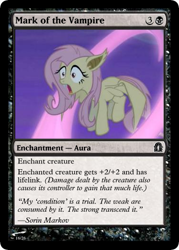 Size: 375x523 | Tagged: safe, edit, edited screencap, imported from derpibooru, screencap, fluttershy, bat pony, pony, vampire, bats!, ccg, cropped, fangs, female, flutterbat, magic the gathering, mare, race swap, solo, trading card, trading card edit