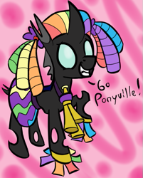 Size: 439x546 | Tagged: safe, artist:heretichesh, imported from derpibooru, changeling, rainbow falls, cheerleader, grin, pom pom, raised hoof, smiling, solo