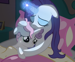 Size: 1200x1000 | Tagged: safe, artist:ponyecho, imported from derpibooru, rarity, sweetie belle, pony, unicorn, bed, bed mane, comforting, crying, cute, description in comments, eyes closed, female, filly, floppy ears, frown, glowing horn, heartwarming, holding, hug, light, magic, mama rarity, mare, nightmare, sad, scared, show accurate, sisters, smiling, story in the comments, story included, sweet dreams fuel, wholesome