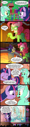 Size: 524x2200 | Tagged: safe, artist:madmax, imported from derpibooru, daring do, lyra heartstrings, mare do well, pinkie pie, twilight sparkle, human, pony, unicorn, batman, comic, dc comics, female, green screen, laser pointer, le, mare, peril, pinkie scepter, presentation, shower, the riddler, tied up, twilight scepter