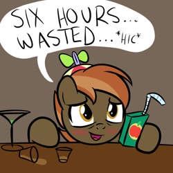 Size: 894x894 | Tagged: safe, artist:drawponies, imported from derpibooru, button mash, earth pony, pony, apple juice, bar, bar buddies, blushing, colt, foal, hat, hooves, juice box, male, martini, open mouth, propeller hat, solo, speech bubble, underaged drinking