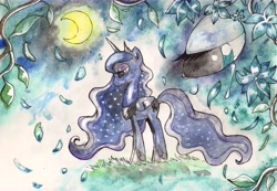 Size: 13724x9480 | Tagged: safe, artist:nightrosi, imported from derpibooru, princess luna, absurd resolution, crying, female, leaves, moon, solo, traditional art