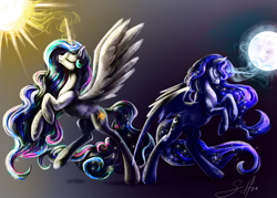 Size: 3500x2500 | Tagged: safe, artist:silfoe, imported from derpibooru, princess celestia, princess luna, magic, moon, moon work, sun, sun work