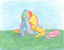 Size: 2191x1691 | Tagged: safe, artist:fonypan, imported from derpibooru, fluttershy, rainbow dash, colored pencil drawing, female, flutterdash, hug, lesbian, love, shipping, traditional art, winghug