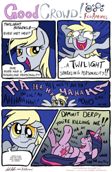 Size: 4262x6530 | Tagged: safe, artist:redapropos, imported from derpibooru, derpy hooves, twilight sparkle, alicorn, pony, absurd resolution, bittersweet, comic, crying, female, joke, laughing, mare, stand-up comedy, tears of laughter, twilight sparkle (alicorn)