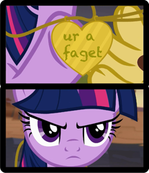 Size: 519x600 | Tagged: safe, imported from derpibooru, twilight sparkle, alicorn, season 4, three's a crowd, discord's pendant, exploitable meme, meme, twilight sparkle (alicorn), unamused, ur a faget, vulgar