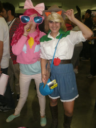 Size: 3000x4000 | Tagged: artist needed, safe, imported from derpibooru, applejack, pinkie pie, human, equestria girls, comikaze expo, comikaze expo 2013, convention, cosplay, irl, irl human, party horn, photo, sunglasses