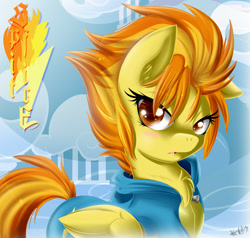 Size: 1200x1140 | Tagged: safe, artist:knifeh, imported from derpibooru, spitfire, blushing, chest fluff, clothes, female, frown, hair over one eye, looking at you, looking back, solo, unamused, uniform, wonderbolts, wonderbolts uniform