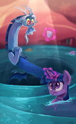 Size: 729x1187 | Tagged: safe, artist:sewyouplushiethings, artist:sophiesplushies, imported from derpibooru, discord, twilight sparkle, alicorn, pony, three's a crowd, blue flu, cute, discute, duo, female, glass of water, magic, mare, scene interpretation, twilight sparkle (alicorn), water