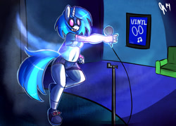 Size: 1280x914 | Tagged: dead source, safe, artist:somescrub, imported from derpibooru, dj pon-3, vinyl scratch, anthro, belly button, female, solo, stage