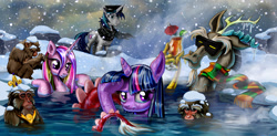 Size: 2202x1080 | Tagged: safe, artist:harwick, imported from derpibooru, discord, princess cadance, shining armor, twilight sparkle, monkey, animal, clothes, hot springs, japanese snow monkey, scarf, snow, snow goggles, snowfall, water, wet mane