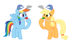 Size: 1024x617 | Tagged: safe, artist:lightingdashie171, imported from derpibooru, applejack, rainbow dash, blowing, coach, duo, hat, puffy cheeks, rainblow dash, rainbow dashs coaching whistle, request, whistle, whistle necklace