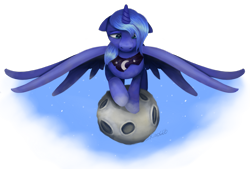 Size: 2657x1798 | Tagged: safe, artist:xiao668, imported from derpibooru, princess luna, alicorn, pony, female, floppy ears, high res, mare, moon, raised hoof, s1 luna, sad, solo, spread wings, standing, tangible heavenly object, wings