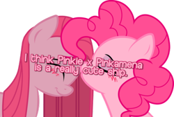 Size: 500x337 | Tagged: safe, artist:kennyklent, imported from derpibooru, pinkie pie, blushing, female, lesbian, pinkamena diane pie, pinkiemena, pony confession, selfcest, shipping