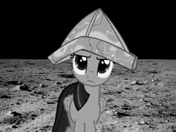 Size: 800x600 | Tagged: safe, artist:rainbowraindashdash, imported from derpibooru, twilight sparkle, alicorn, pony, three's a crowd, cartographer's cap, female, hat, irl, map, mare, monochrome, moon, paper hat, photo, ponies in real life, solo, twilight sparkle (alicorn), twistuck