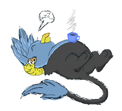 Size: 396x360 | Tagged: safe, artist:princessamity, imported from derpibooru, oc, oc only, griffon, coffee, cookie, gift art, on back, pixel art, simple background, sleeping, solo, steam