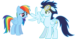 Size: 8192x4280 | Tagged: safe, artist:themajesticpony, imported from derpibooru, rainbow dash, soarin', pegasus, pony, rainbow falls, absurd resolution, broken wing, female, male, mare, simple background, stallion, transparent background, vector, wings