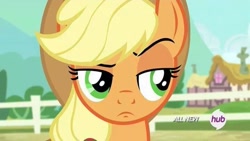 Size: 720x405 | Tagged: safe, imported from derpibooru, screencap, applejack, female, hub logo, solo, unconvinced applejack