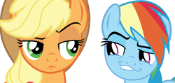 Size: 916x437 | Tagged: safe, imported from derpibooru, applejack, rainbow dash, appledash, female, lesbian, shipping, smugdash, unconvinced applejack