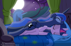 Size: 8500x5500 | Tagged: safe, artist:90sigma, imported from derpibooru, princess luna, twilight sparkle, alicorn, pony, unicorn, absurd resolution, bed, cuddling, cute, eyes closed, female, lesbian, mare, shipping, show accurate, sleeping, smiling, snuggling, spooning, twiluna, window