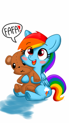 Size: 1080x1920 | Tagged: safe, artist:gasplanet, imported from derpibooru, rainbow dash, pegasus, pony, baby talk, blushing, cute, dashabetes, female, heart, hug, looking at you, open mouth, simple background, sitting, smiling, solo, speech bubble, teddy bear, white background