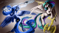 Size: 3500x2000 | Tagged: safe, artist:silfoe, imported from derpibooru, princess celestia, princess luna, axe, fight, magic, ranseur, sparring, spear, warrior celestia, warrior luna, weapon