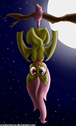 Size: 3000x5000 | Tagged: safe, artist:erockertorres, imported from derpibooru, fluttershy, bat pony, pony, bats!, apple, female, flutterbat, hanging, moon, night, prehensile tail, race swap, solo, stars, tail, tree, upside down