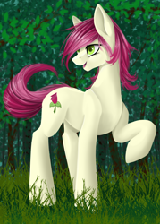 Size: 1000x1400 | Tagged: safe, artist:santagiera, imported from derpibooru, roseluck, earth pony, pony, female, grass, looking back, mare, open mouth, outdoors, raised hoof, smiling, solo, standing, tree