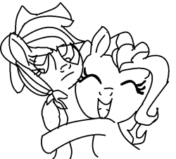 Size: 706x636 | Tagged: safe, artist:whitediamonds, imported from derpibooru, applejack, pinkie pie, applepie, eyes closed, female, friendshipping, frown, grin, hug, lesbian, monochrome, shipping, smiling, trace